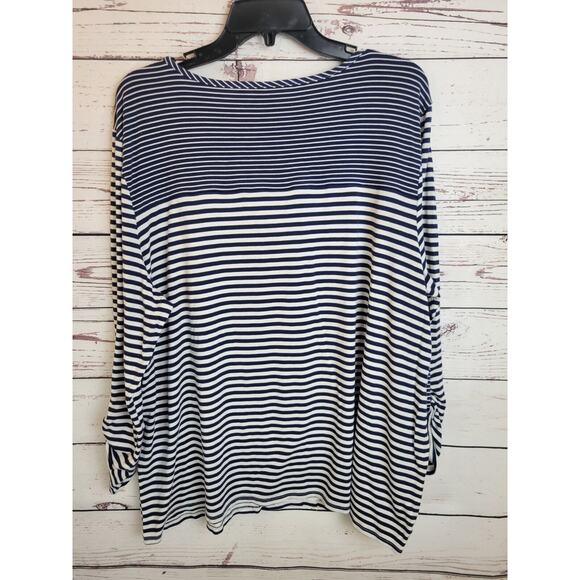 Chico's Casual Top Navy Blue White Striped Roll Tab Sleeve Women's Size 2XL - Picture 7 of 9